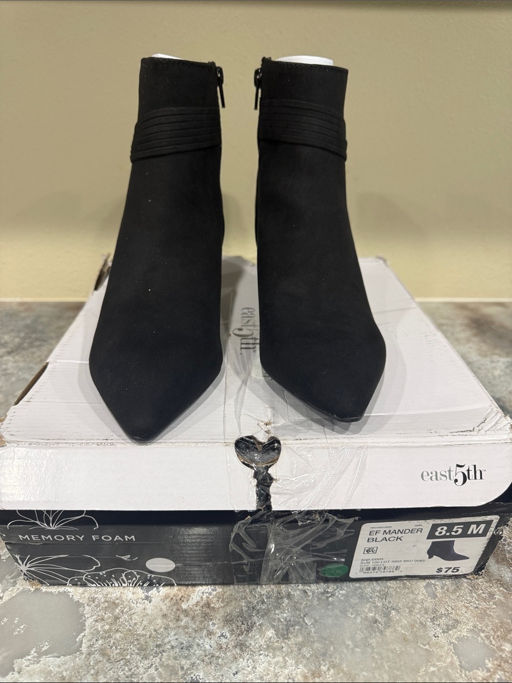 East 5th Black Suede Pointed Toe Ankle Booties with Side Zip